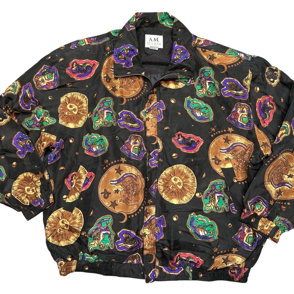 AM Studio Vintage 100% Silk Zodiac Celestial Bomber Jacket Black Gold 1X 90's